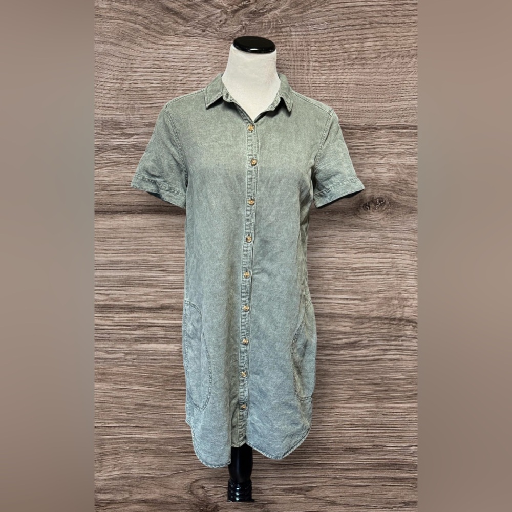 EUC Lucky Brand Castor Grey Linen Blend Shirt Mini Dress with pockets. SZ M